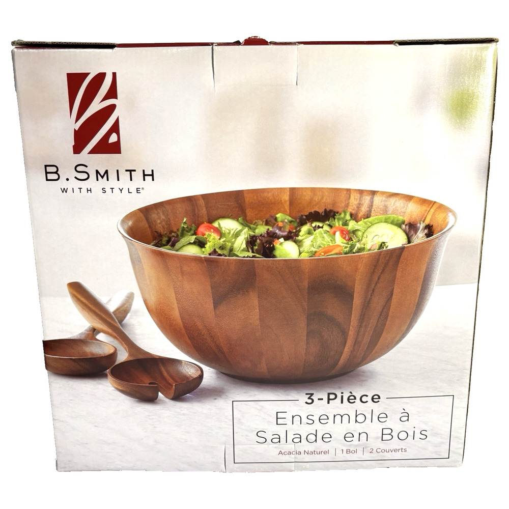 B. Smith Acacia Wood Big Salad bowl With Servers 3-Piece Bowl 13” Wide